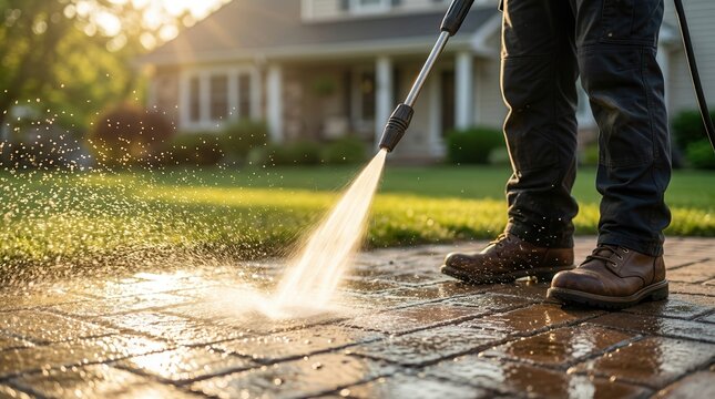 Professional pressure washer cleaning a dirty brick patio in a home backyard.