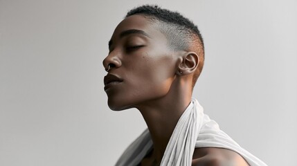 Obraz premium Close-up portrait of a young african-american woman with short, shaved hair. she is wearing a white sleeveless top and has a nose ring on her nose.