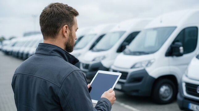 Fleet manager using a tablet to check white cargo vans parked in rows for logistics management.