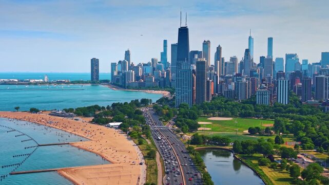 Hundreds of cars go by the multi-lane highways along lake Michigan and green park. Approaching the high-rises and skyscrapers in downtown Chicago, Illinois, USA. Aerial view.