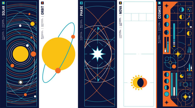 Space exploration vertical banners with solar system orbits, cosmic phase diagrams and nova star charts, flat vector astronomy infographics