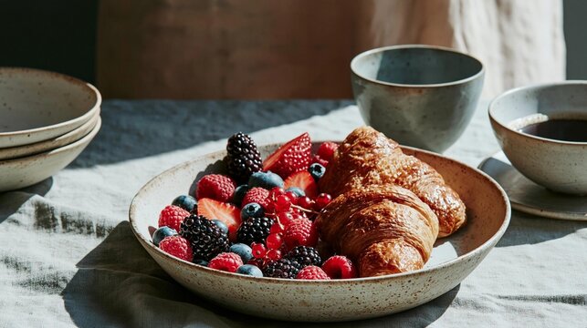 Bowl of fresh berries and croissants on a table. the bowl is made of ceramic and has a light brown color with speckles.