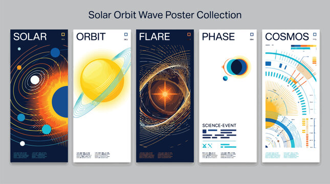 Solar Orbit Wave Poster Collection with 5 vector banners, abstract space science cosmos flyers, futuristic galaxy flare and planet orbit designs