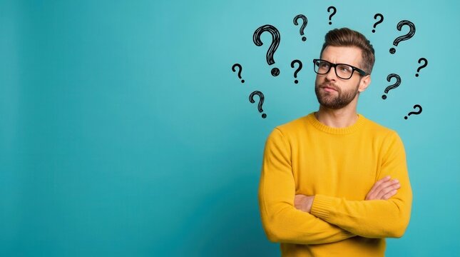 Pensive man with glasses wearing a yellow sweater looking confused against a blue background.