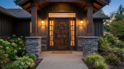 Fototapeta premium Traditional brown wooden front entrance door with sidelights.