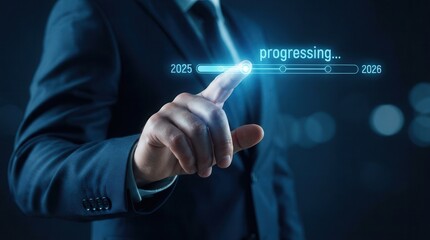 Obraz premium Businessman touching a digital progress bar from 2025 to 2026 for future planning and strategic transition.