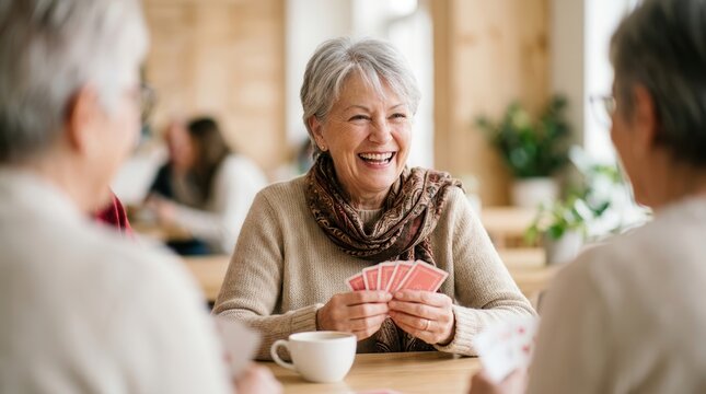 A happy senior woman laughing while playing cards with her friends.