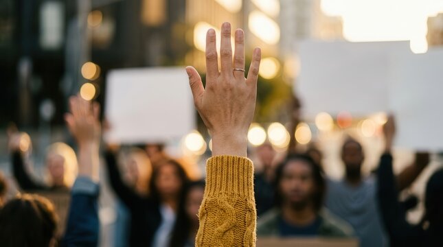 Hands raised at a public demonstration with protest signs during a social movement gathering.