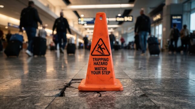 Bright orange caution cone with a tripping hazard sign on a damaged floor in a busy walkway.