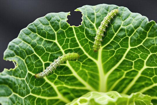 Small green caterpillars crawl on fresh cabbage leaf surface. Insects eat holes in organic vegetable crop. Macro view of larva wildlife in garden farm. Pieris rapae worms damage garden plants. Tiny