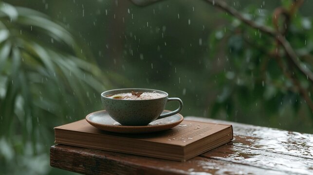 Cup of coffee on a wooden table with a stack of books next to it. the cup is white with a green speckled pattern and has a saucer underneath. the books are brown and appear to be old and worn.