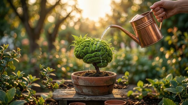 A green brain plant is being watered by hand in a pot to symbolize mind growth.