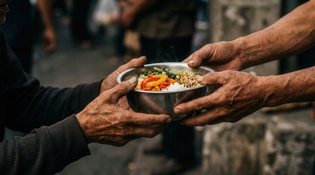 Hands exchanging a bowl of rice and vegetables to provide social help.