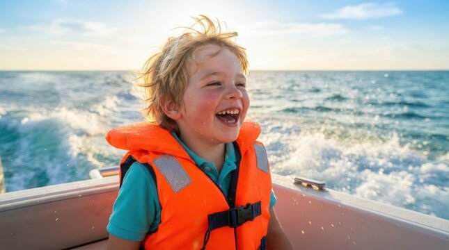 Happy little blond boy wearing a lifevest enjoying a boat ride on the sea.