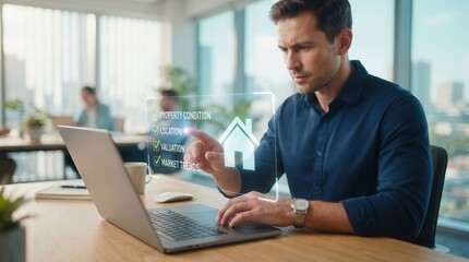 Fototapeta premium Real estate management professional using a laptop and digital checklist for housing evaluations.