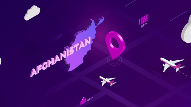 Isometric Design, Afghanistan Map Silhouette Location Pin and Airplanes on Purple Animation, Travel Background