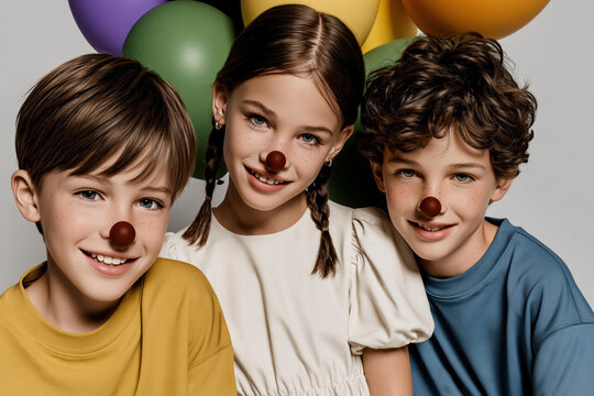 Three happy children wearing clown noses smiling with colorful balloons background cheerful playful kids portrait