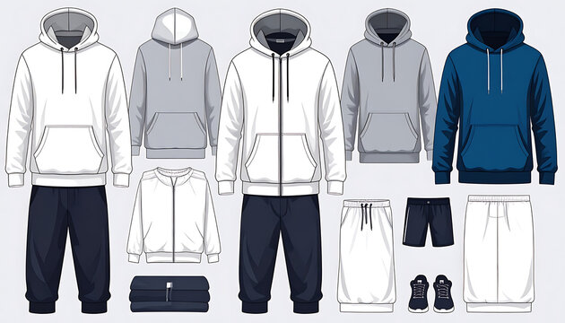 Set of clothing items, including hoodies, pants, and shorts, in various colors like white, grey, and blue, flat design style