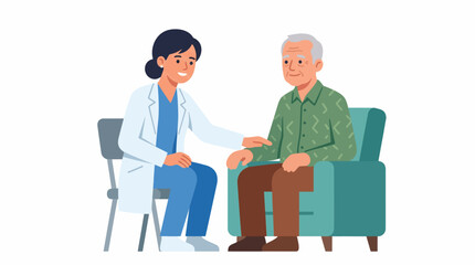 Obraz premium Doctor comforting elderly patient. Medical professional supporting senior man in flat design.