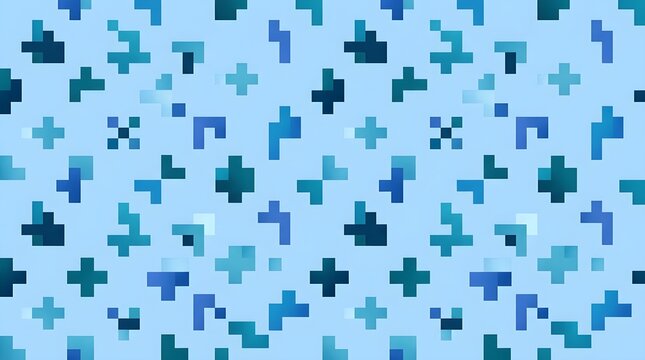 Abstract geometric seamless pattern featuring blue pixelated plus signs and block shapes arranged in a repeating grid design for modern digital backgrounds and creative print projects