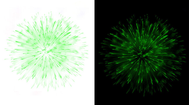 Green fireworks explosion on black and white backgrounds, vibrant pyrotechnic burst set, glowing emerald firework display for festive celebration