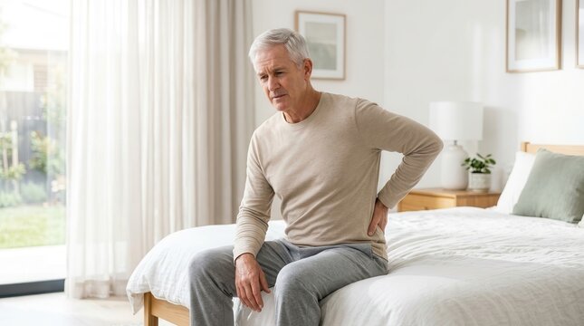 Senior man sitting on the edge of his bed and touching his aching back