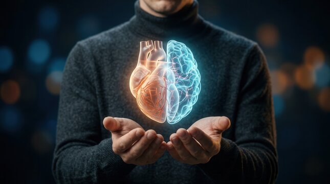 Glowing fusion of heart and brain held in hands symbolizing balance between emotion and rational thinking.