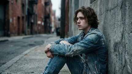 Obraz premium A sad young person sitting alone on a city street facing hardship.
