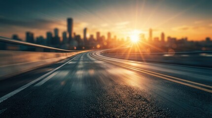 Obraz premium A modern highway speeding towards a glowing sunrise over a blurred cityscape.