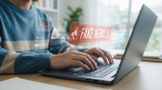 A person using a laptop with digital fake news alerts on the screen representing misinformation.
