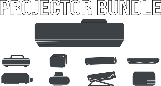 Set of various digital projectors and presentation equipment icons with projector presentation silhouette technology equipment collection business hardware multimedia projection conference
