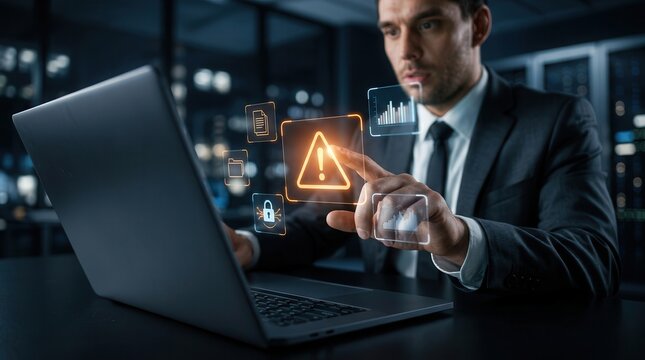 Businessman using laptop facing a cyber attack and spam warning symbol for data information privacy.