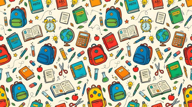 Colorful hand drawn school supplies pattern featuring backpacks books calculators globes and stationery items in a vibrant doodle style illustration on a light cream background