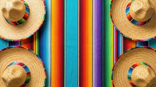 Colorful Mexican serape blanket background with traditional straw sombreros.