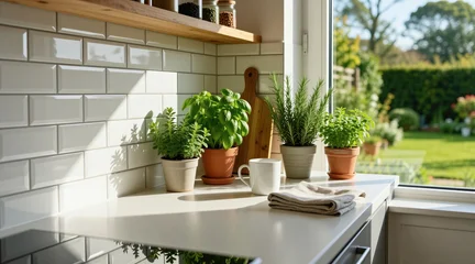 Modern minimalist kitchen counter features white subway tiles, wooden shelf with spice jars. Fresh green herbs grow in ceramic pots near window. Morning sunlight creates soft shadows on clean surface © Viktor