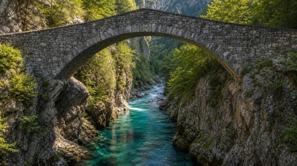 Fototapeta premium An arched stone bridge spans a clear turquoise river in a rocky forest gorge, suited for travel promotions, hiking guides, and nature tourism.