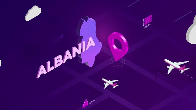 Isometric Design, Albania Map Silhouette Location Pin and Airplanes on Purple Animation, Travel Background