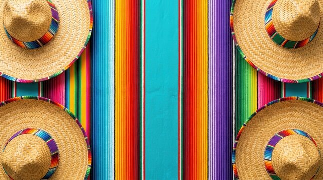 Colorful Mexican serape blanket background with traditional straw sombreros.