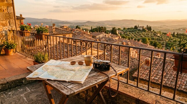 A rustic balcony table with a map, coffee, sunglasses, and vintage camera overlooks terracotta rooftops and rolling hills, perfect for travel planning.