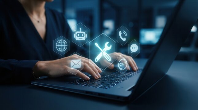 IT support and digital tools concept with person using a laptop and glowing wrench icon.