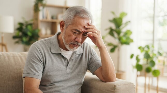 Stressed senior Asian man sitting on a sofa and holding his forehead in distress.