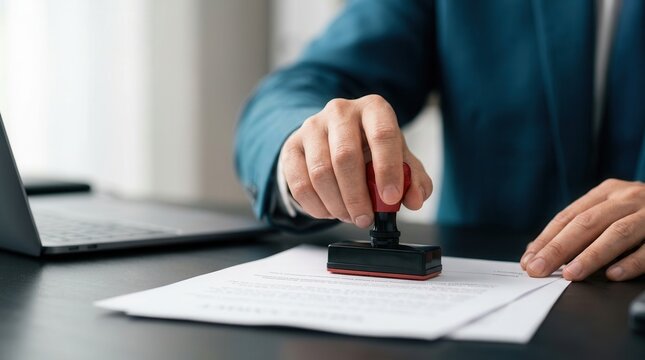 Businessman using an approval stamp to validate and manage business documents and agreements.