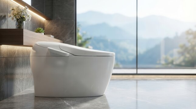 Modern bidet toilet with automatic cleaning and heated features in a luxury bathroom.