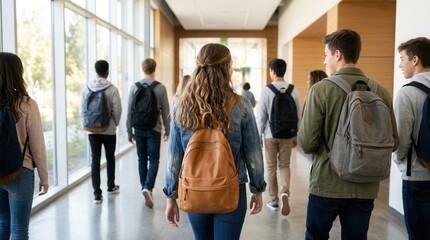 Fototapeta premium Diverse students walking through a bright school hallway with backpacks.