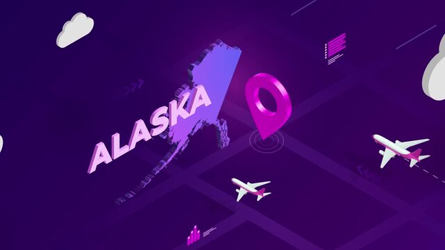 Isometric Design, Alaska Map Silhouette Location Pin and Airplanes on Purple Animation, Travel Background