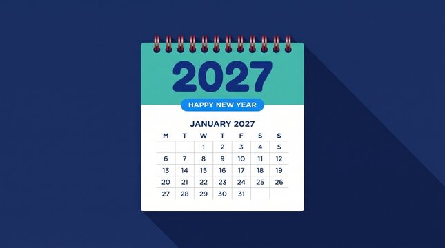 January 2027 calendar page with happy new year greeting