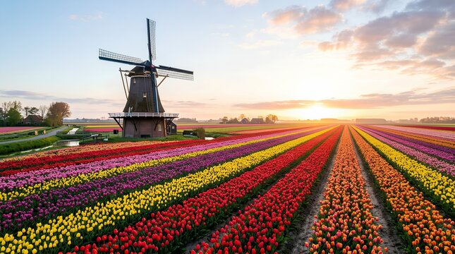 Colorful tulip rows stretch toward a traditional windmill at sunrise in a Dutch countryside scene, perfect for spring travel and floral tourism campaigns.