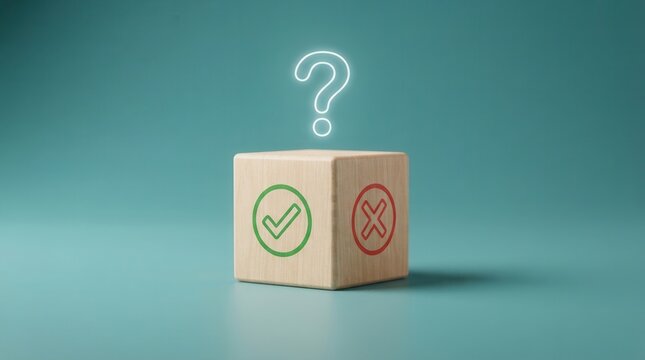 Wooden cube with tick mark and cross mark representing a yes or no choice.