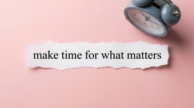 Alarm clock next to a torn paper quote saying make time for what matters on a pink background.