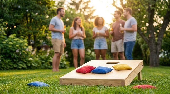 Colorful bean bags resting on a wooden cornhole board in a green lawn.